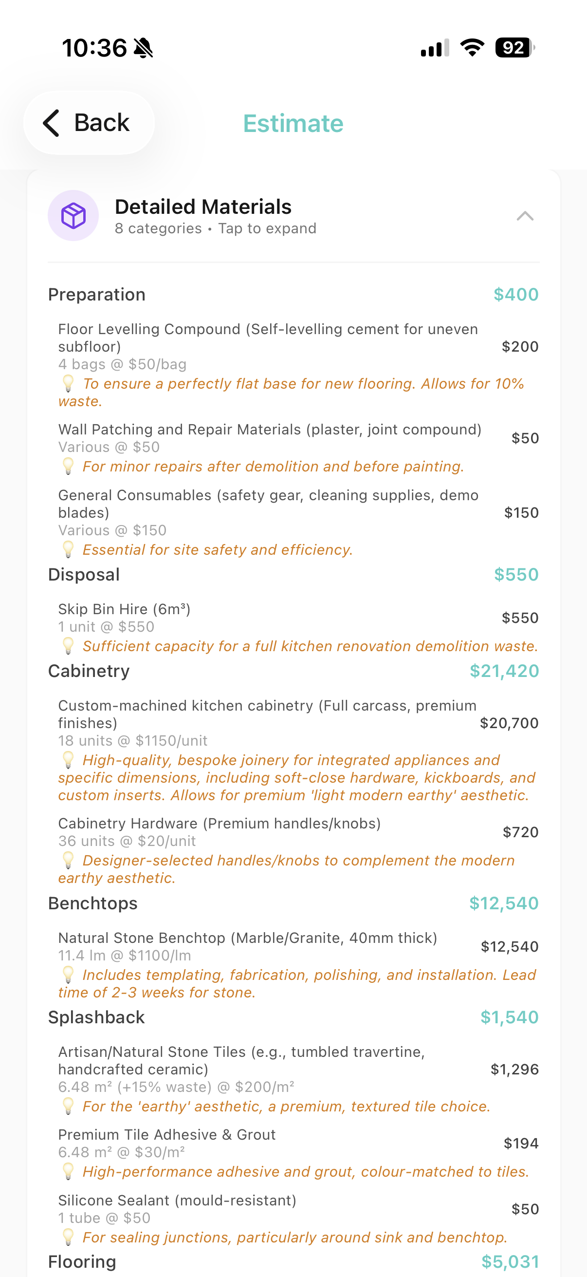 Detailed materials breakdown: cabinetry, benchtops, flooring