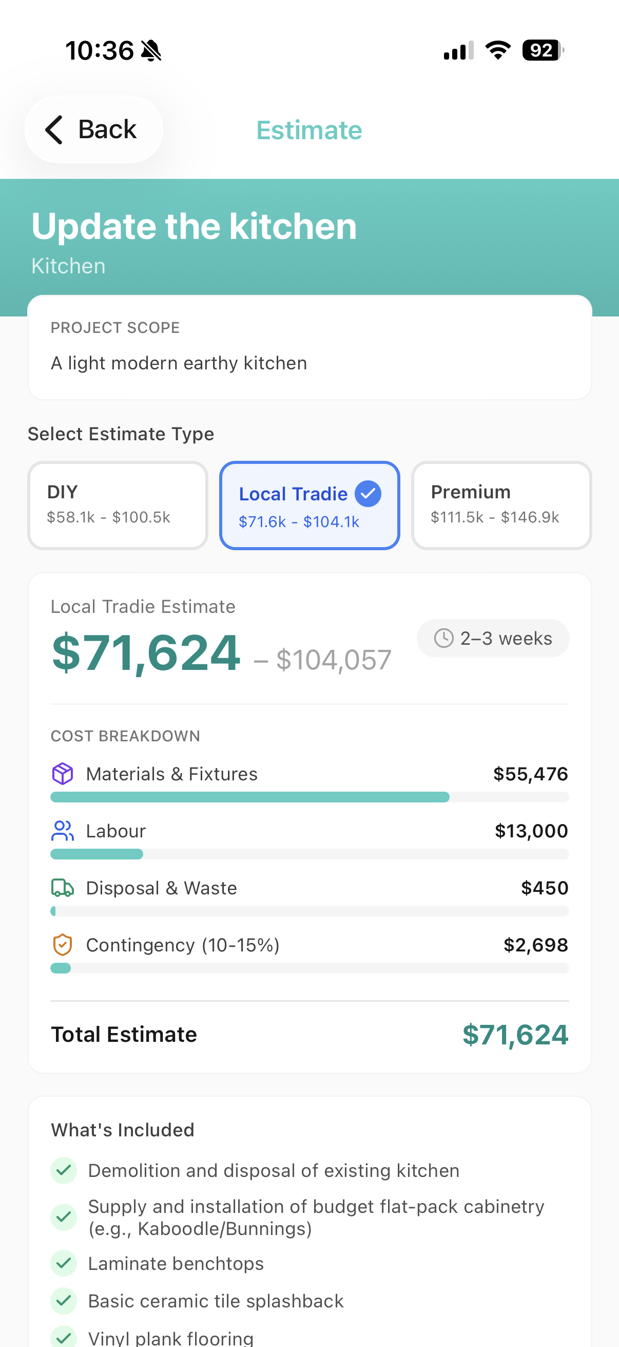 Estimate overview, $71,624 Local Tradie kitchen renovation